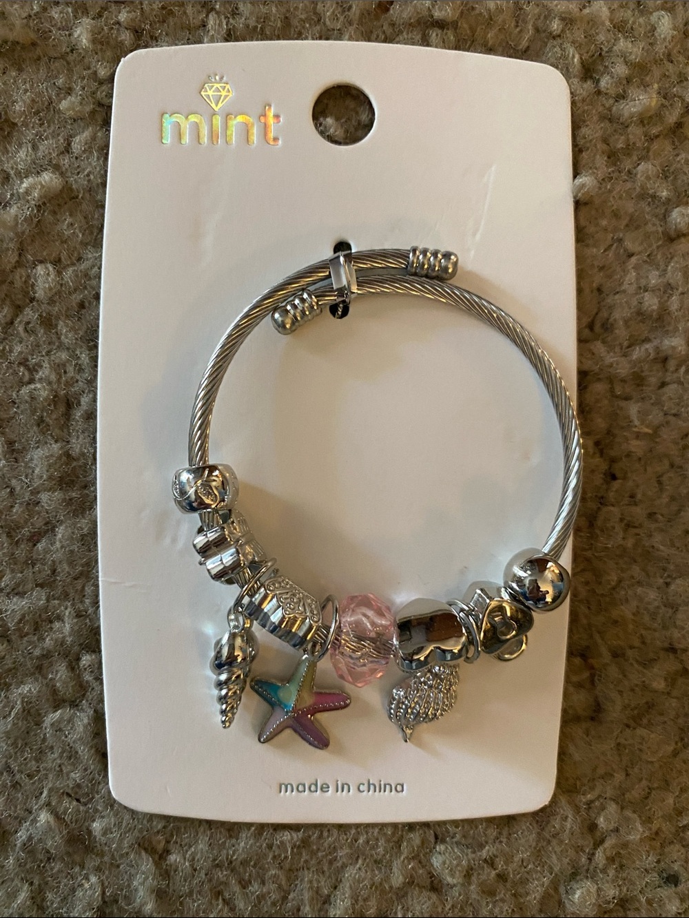 Mint Silver-Tone Charm Bangle with Pink Bead and Multicolor Star